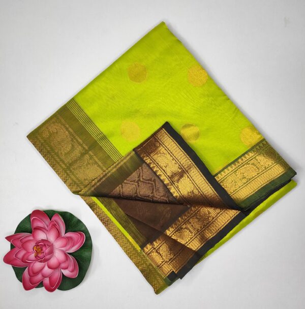 Handloom Silk Cotton Parrot Green, Brown Colour Pallu And Blouse With Zari Woven Border