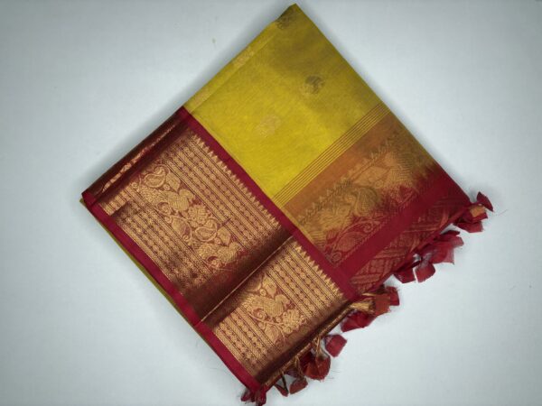 Korvai Silk Cotton Lemon Yellow Saree, Red Pallu and Blouse with Rich Zari Woven Borders
